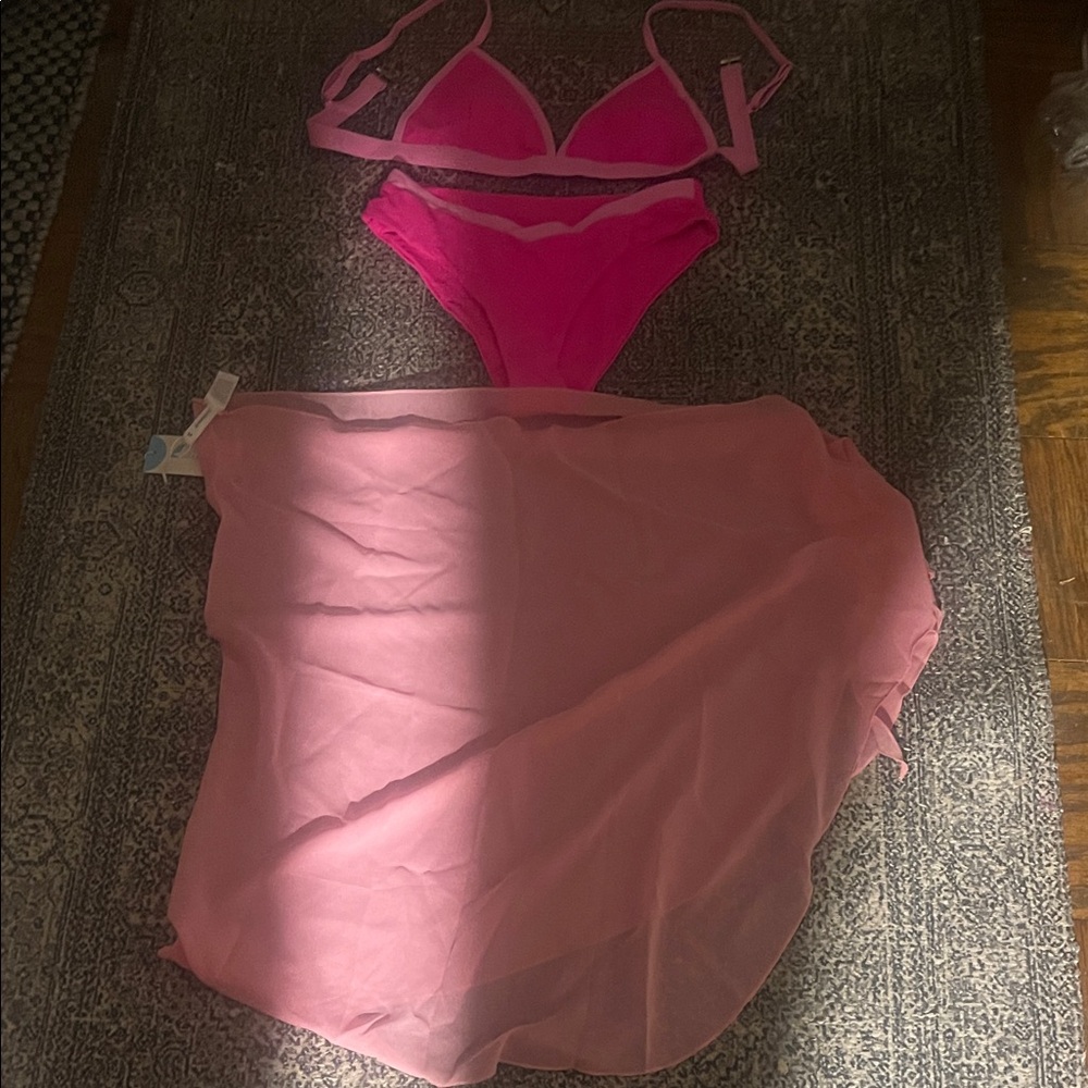 Chic Pink Bikini Set with Sheer Cover-Up